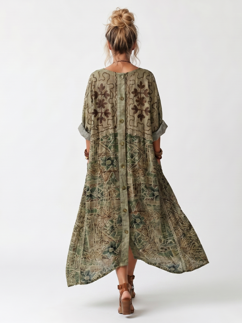 Rosalind | Boho Embroidered Pocket Midi Dress Green Relaxed