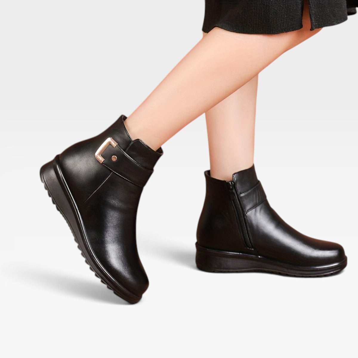 Helena | Black Leather Low Heel Ankle Boots — Black