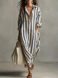 Cordelia | Striped House Dress Maxi V-Neck Long Sleeve Summer