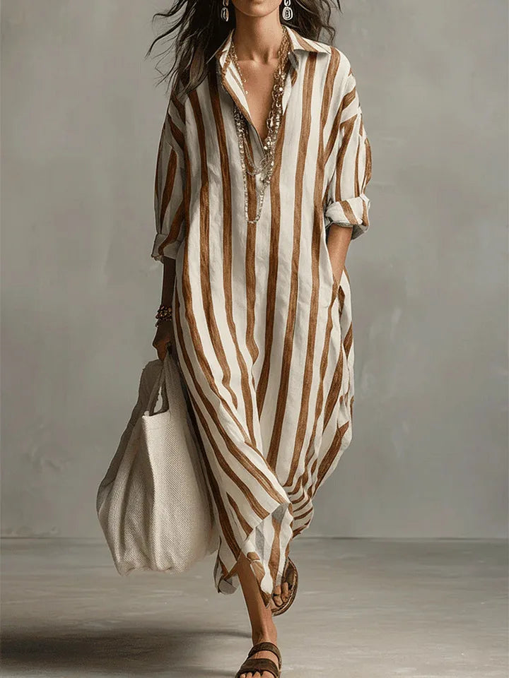 Cordelia | Striped House Dress Maxi V-Neck Long Sleeve Summer