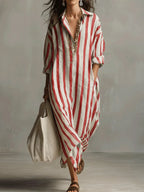 Cordelia | Striped House Dress Maxi V-Neck Long Sleeve Summer