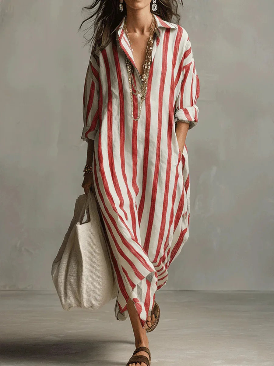 Cordelia | Striped House Dress Maxi V-Neck Long Sleeve Summer
