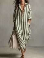 Cordelia | Striped House Dress Maxi V-Neck Long Sleeve Summer