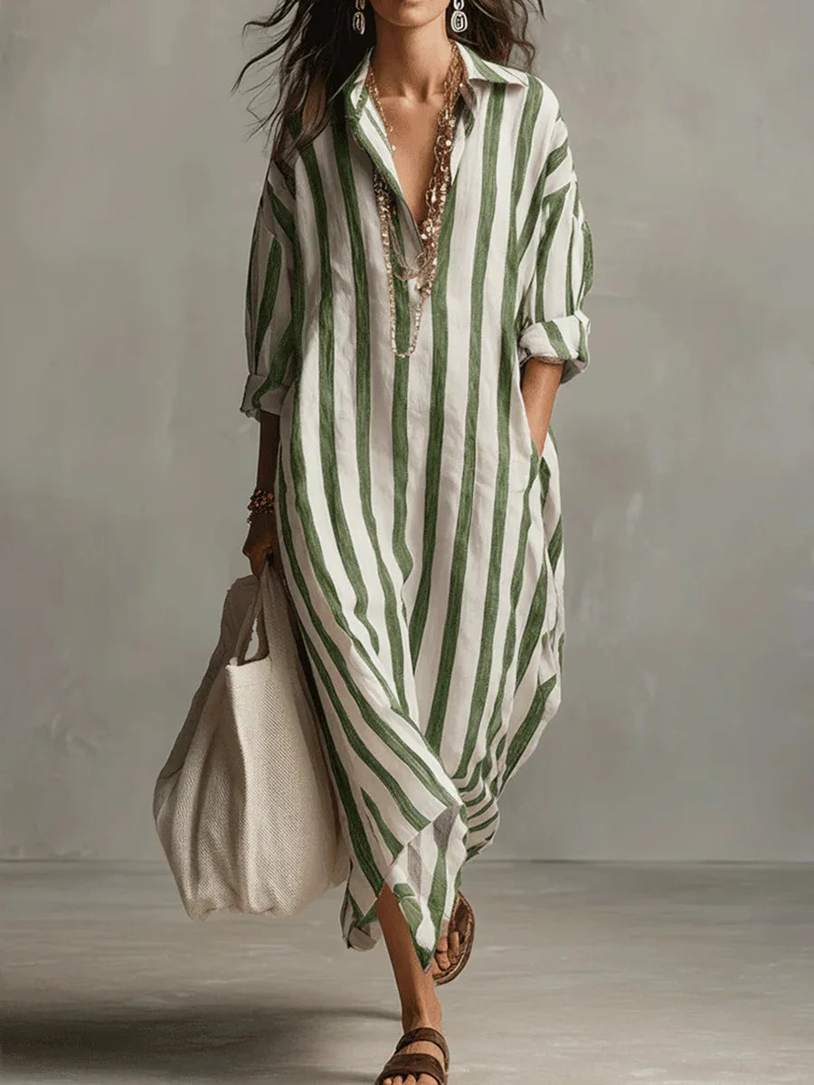 Cordelia | Striped House Dress Maxi V-Neck Long Sleeve Summer