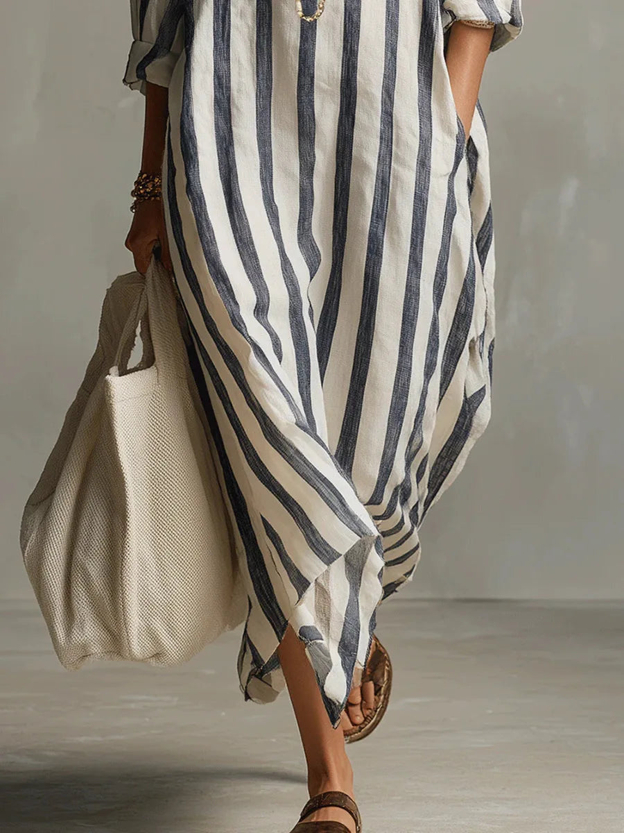 Cordelia | Striped House Dress Maxi V-Neck Long Sleeve Summer