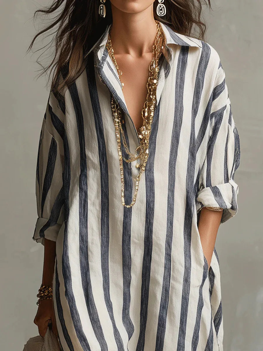 Cordelia | Striped House Dress Maxi V-Neck Long Sleeve Summer