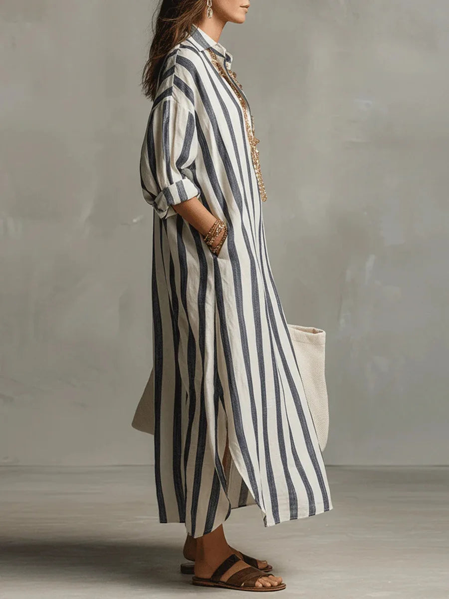 Cordelia | Striped House Dress Maxi V-Neck Long Sleeve Summer