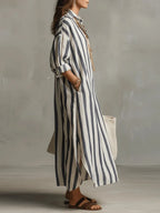 Cordelia | Striped House Dress Maxi V-Neck Long Sleeve Summer
