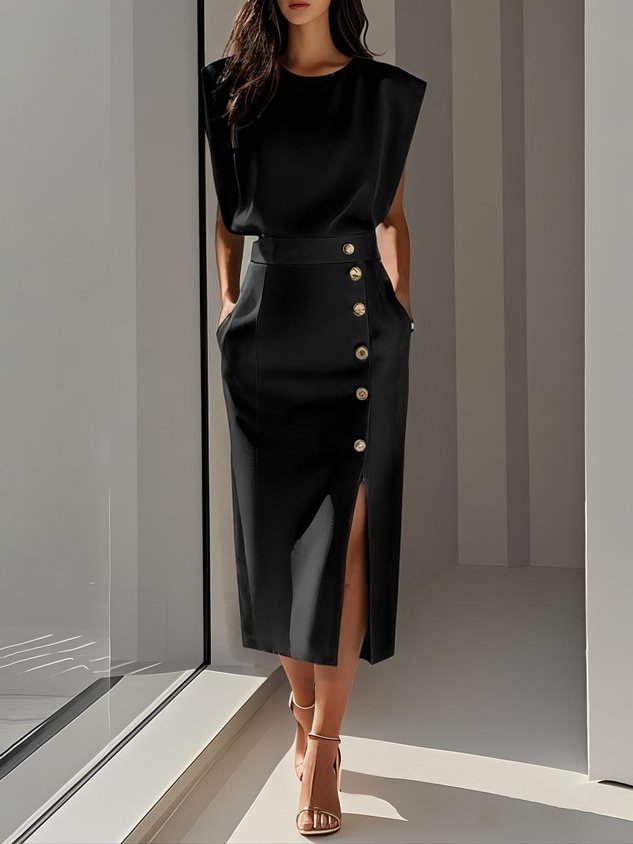 Capucine | Formal Midi Dress With Flowing Silhouette — Black