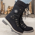 Faustine | Black Leather Winter Snow Boots Knit Cuff — Black