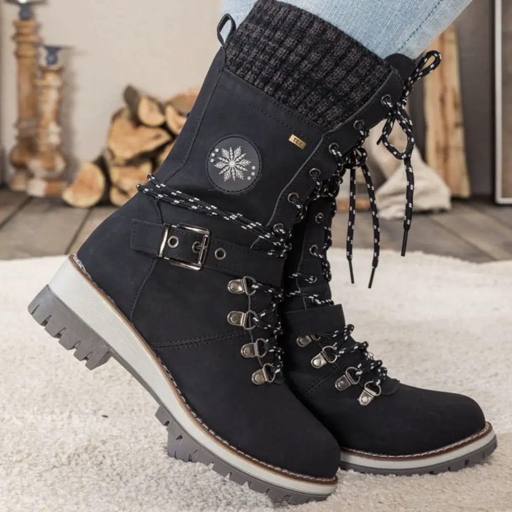 Faustine | Black Leather Winter Snow Boots Knit Cuff — Black