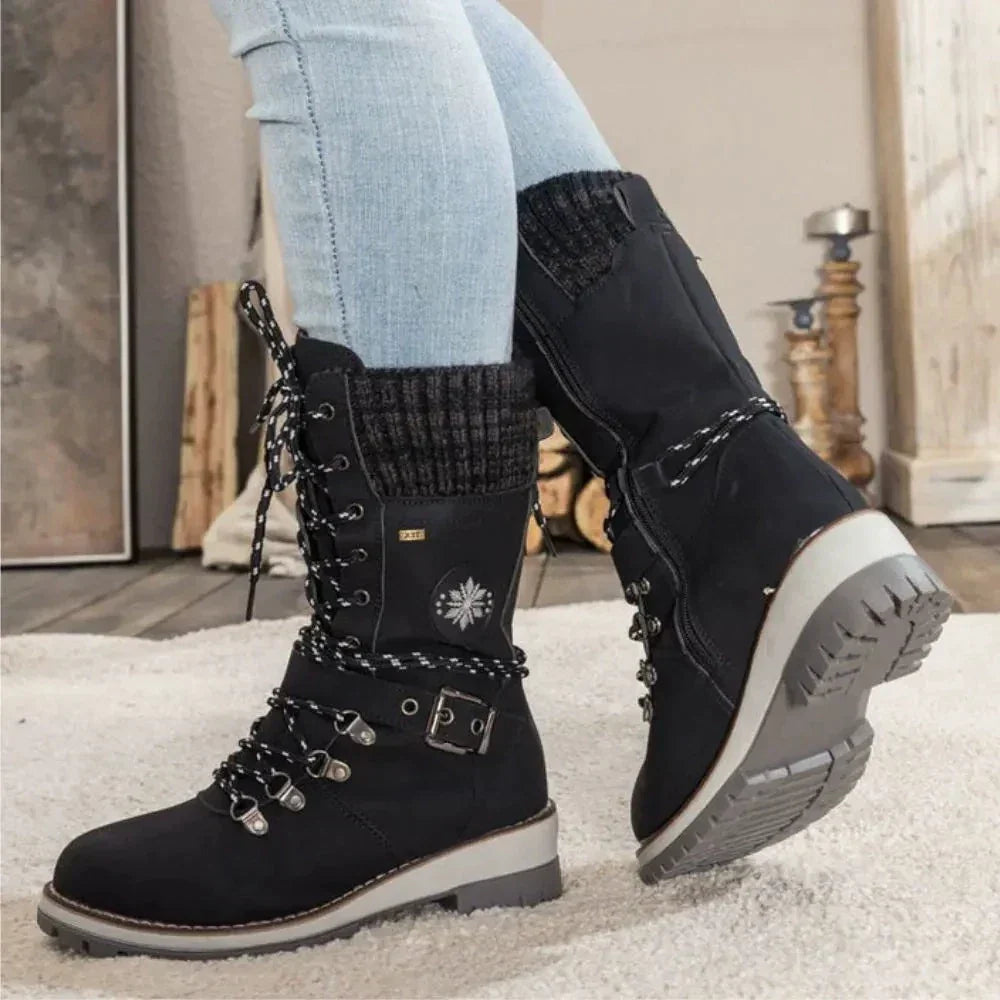 Faustine | Black Leather Winter Snow Boots Knit Cuff