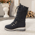 Faustine | Black Leather Winter Snow Boots Knit Cuff