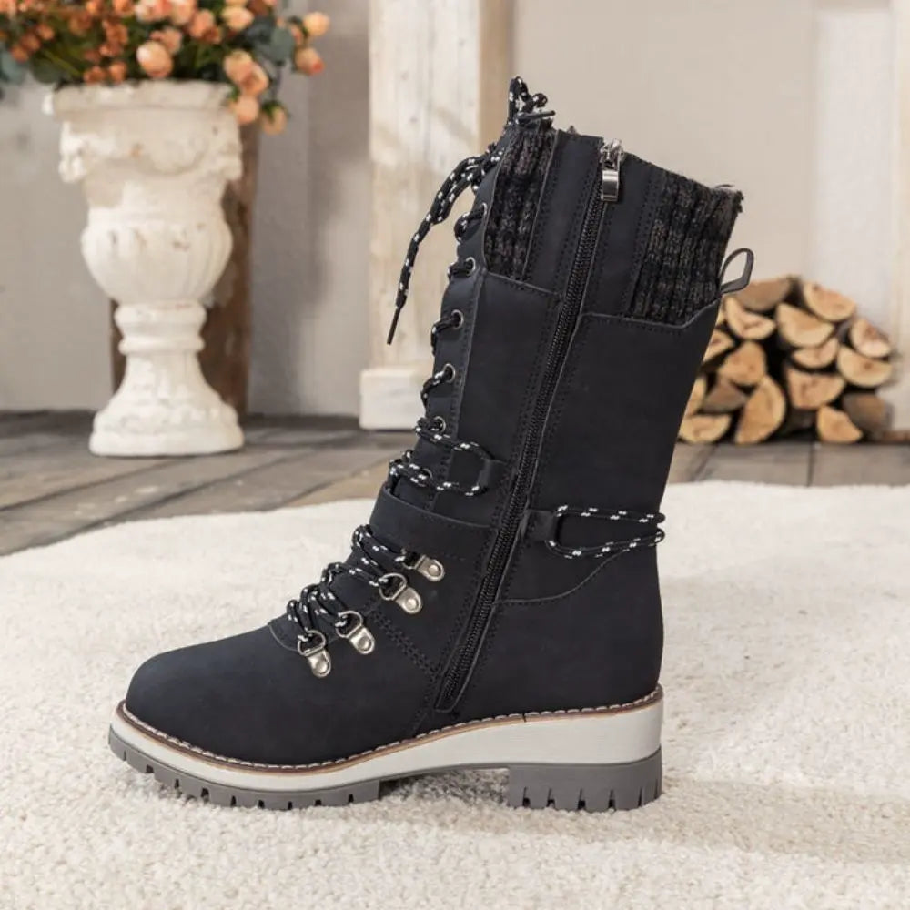 Faustine | Black Leather Winter Snow Boots Knit Cuff