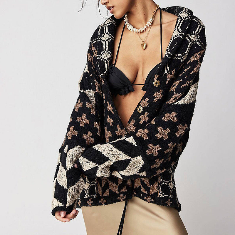 Marguerite | Oversized Cardigan Sweater with Jacquard Diamond Knit