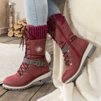 Faustine | Black Leather Winter Snow Boots Knit Cuff — Red