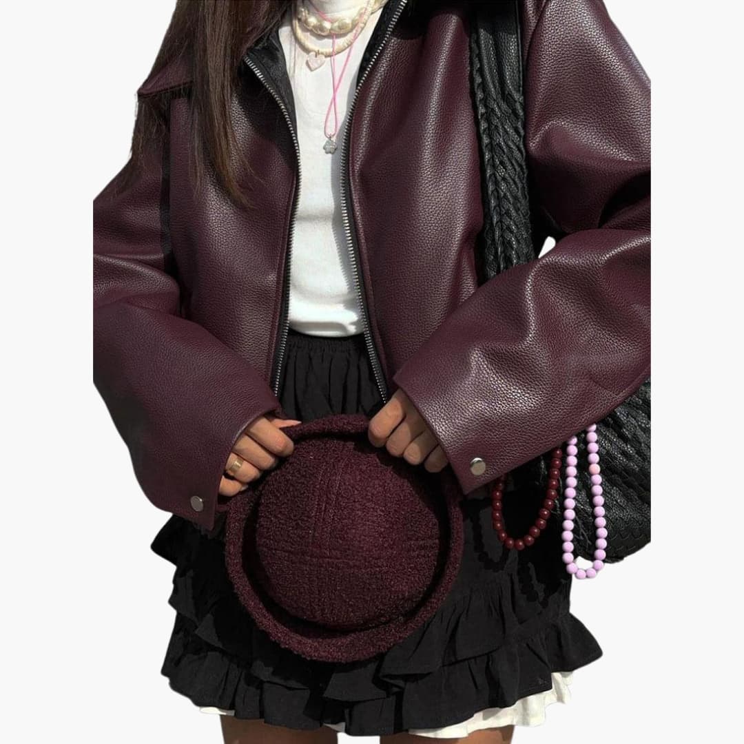 Lucinda | Women Leather Bomber Jacket in Burgundy