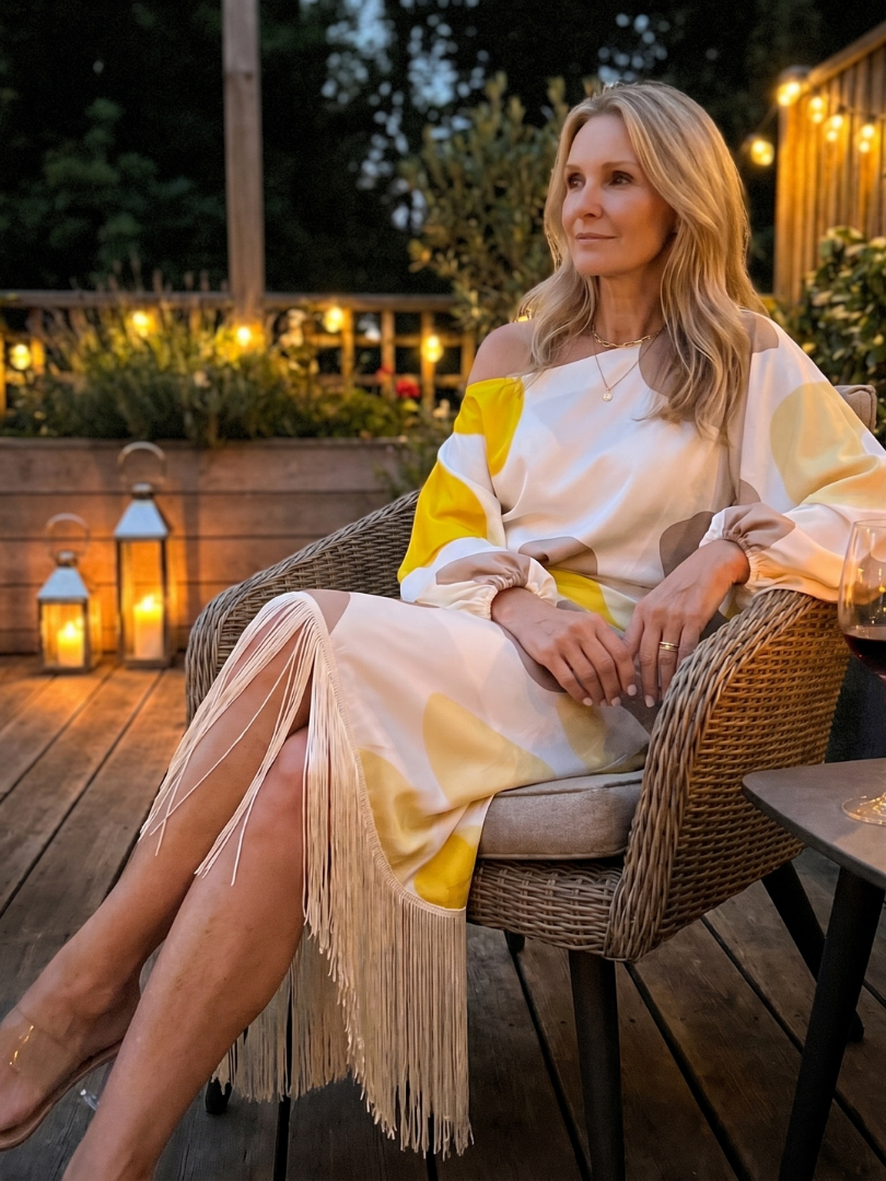 Philippa | Abstract Print Off Shoulder Fringe Midi Dress