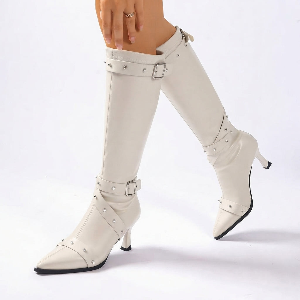 Arabella | Black Leather Knee High Heeled Block Heel Boots