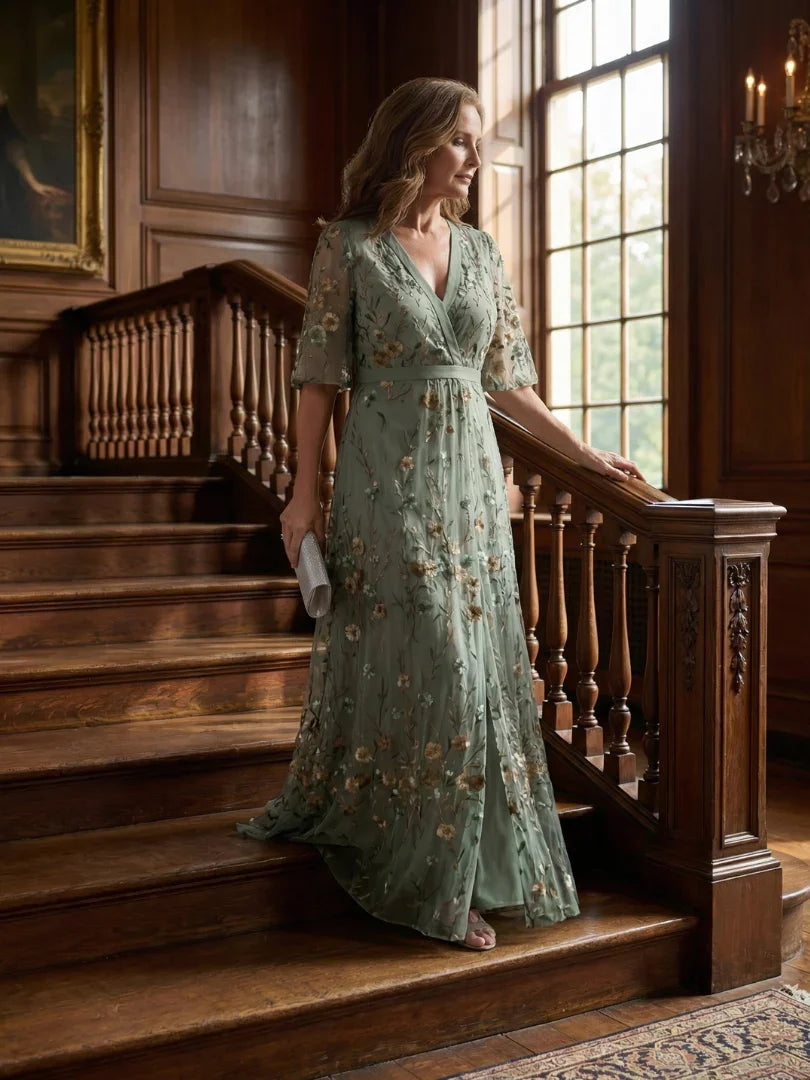 Bridget | Floral Embroidered Drop Waist Maxi Occasion Dress