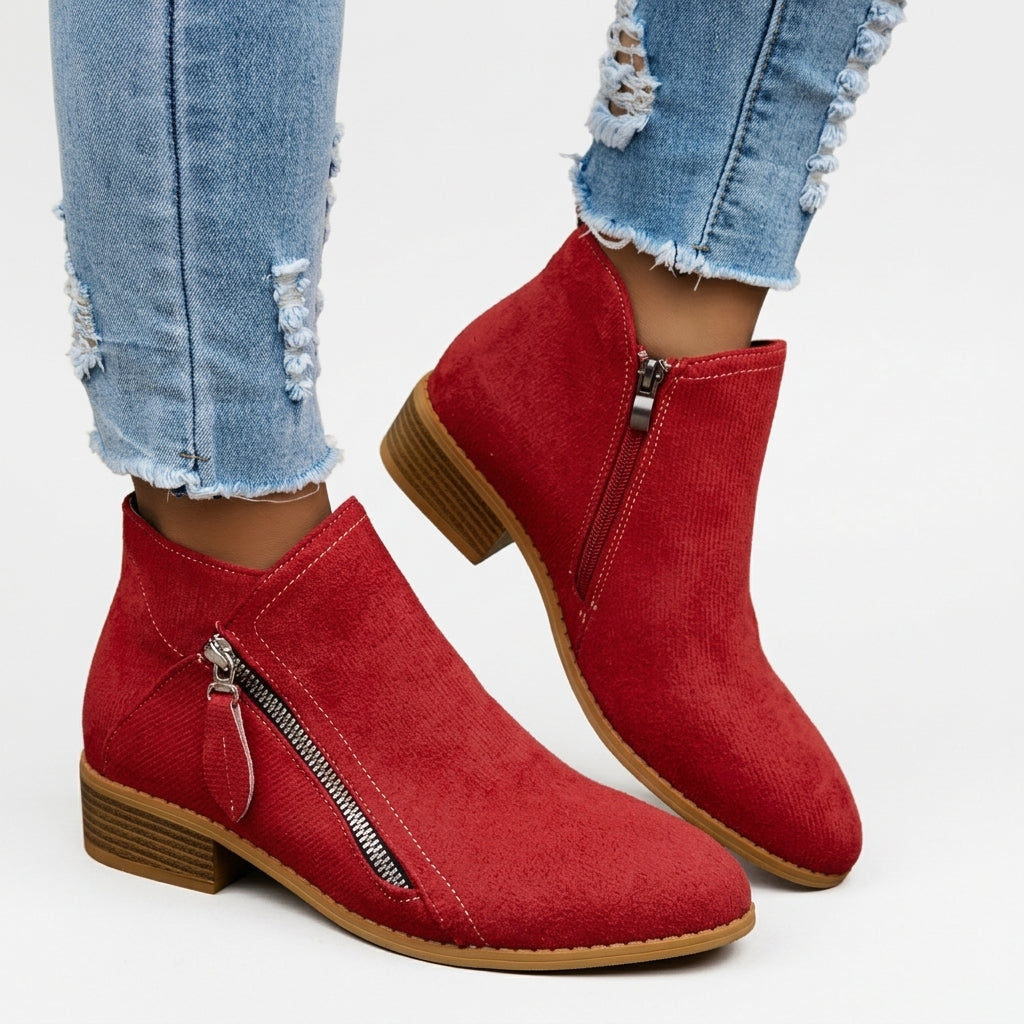 Dominique | Low Heel Black Brown Leather Ankle Boots — Red