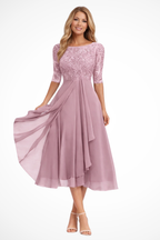 Edith | Women Long Sleeve Chiffon Midi Wedding Guest Dresses