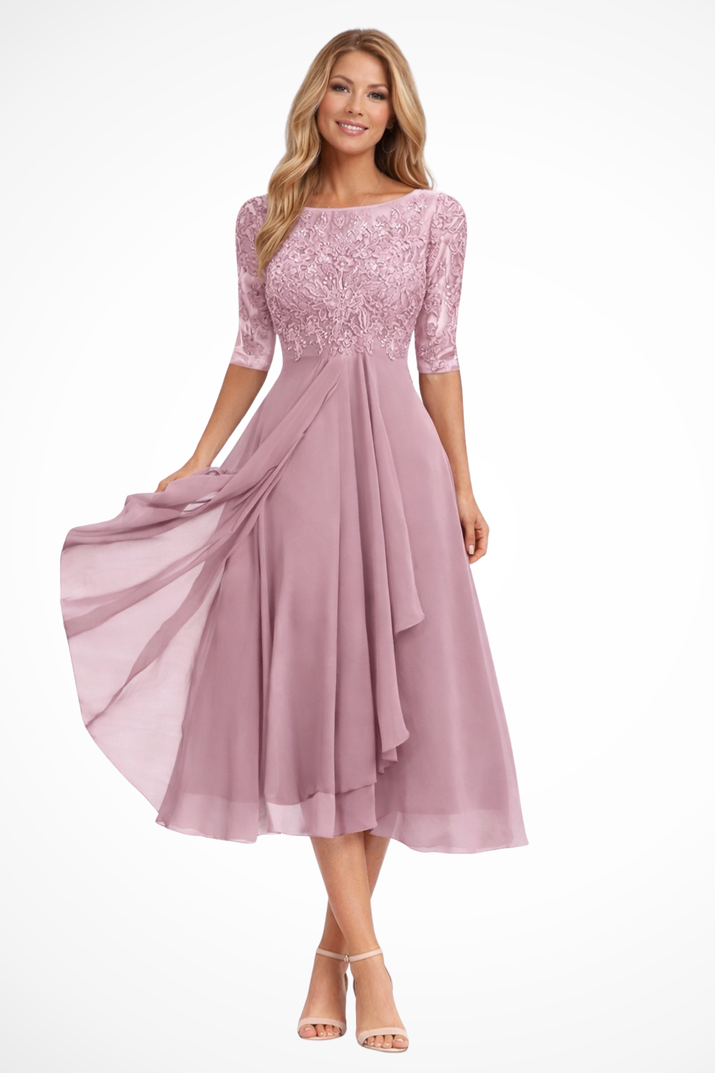 Edith | Women Long Sleeve Chiffon Midi Wedding Guest Dresses