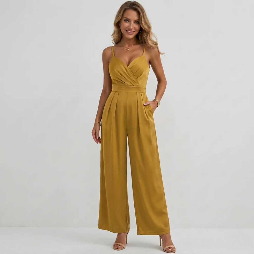Camille | Wide Leg Pleated Casual Jumpsuit With Tie Waist