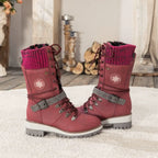 Faustine | Black Leather Winter Snow Boots Knit Cuff