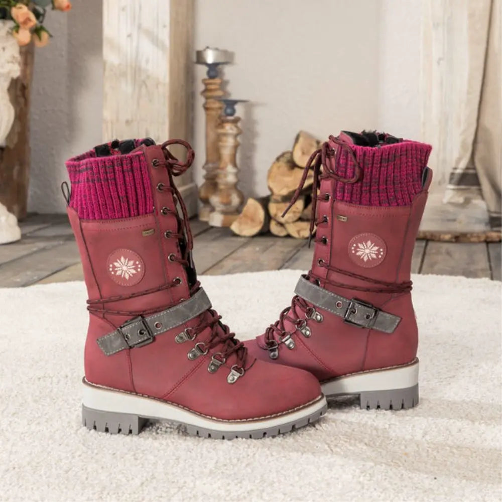 Faustine | Black Leather Winter Snow Boots Knit Cuff