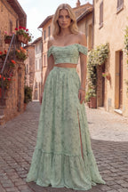 Valentina | Sage Green Off Shoulder Pearl Two Piece Prom Dress