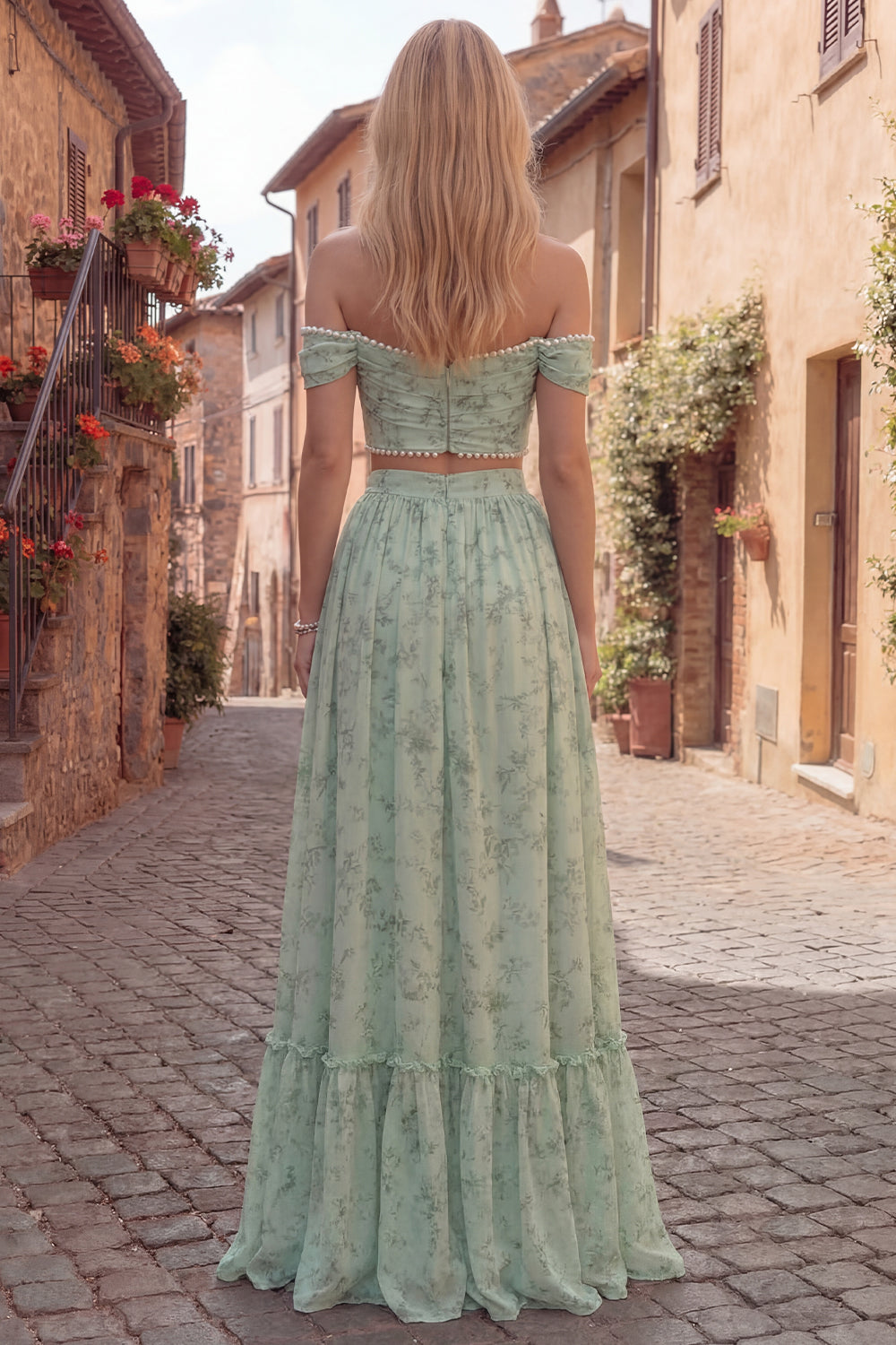 Valentina | Sage Green Off Shoulder Pearl Two Piece Prom Dress