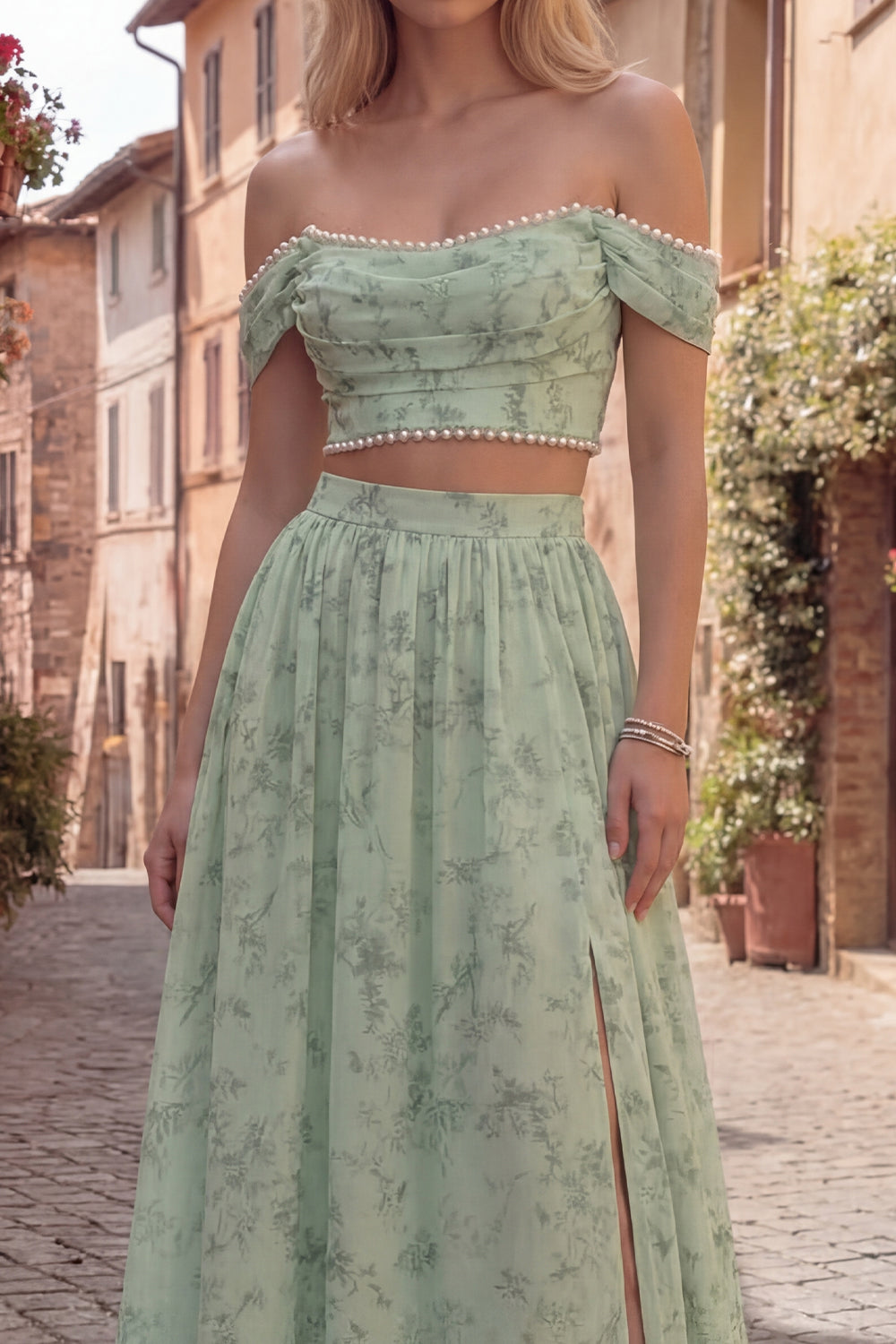 Valentina | Sage Green Off Shoulder Pearl Two Piece Prom Dress