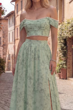 Valentina | Sage Green Off Shoulder Pearl Two Piece Prom Dress
