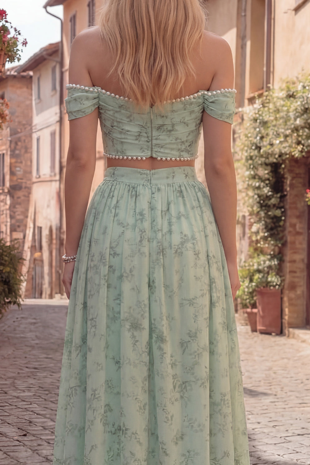 Valentina | Sage Green Off Shoulder Pearl Two Piece Prom Dress