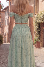 Valentina | Sage Green Off Shoulder Pearl Two Piece Prom Dress
