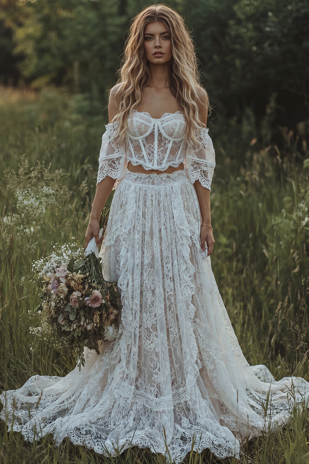 Nadia | 2 Piece Boho Wedding Corset Dress Off Shoulder Lace
