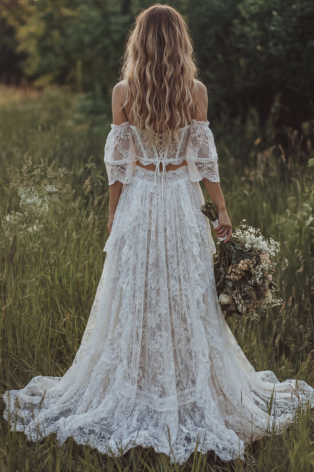 Nadia | 2 Piece Boho Wedding Corset Dress Off Shoulder Lace