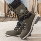 Faustine | Black Leather Winter Snow Boots Knit Cuff — Green