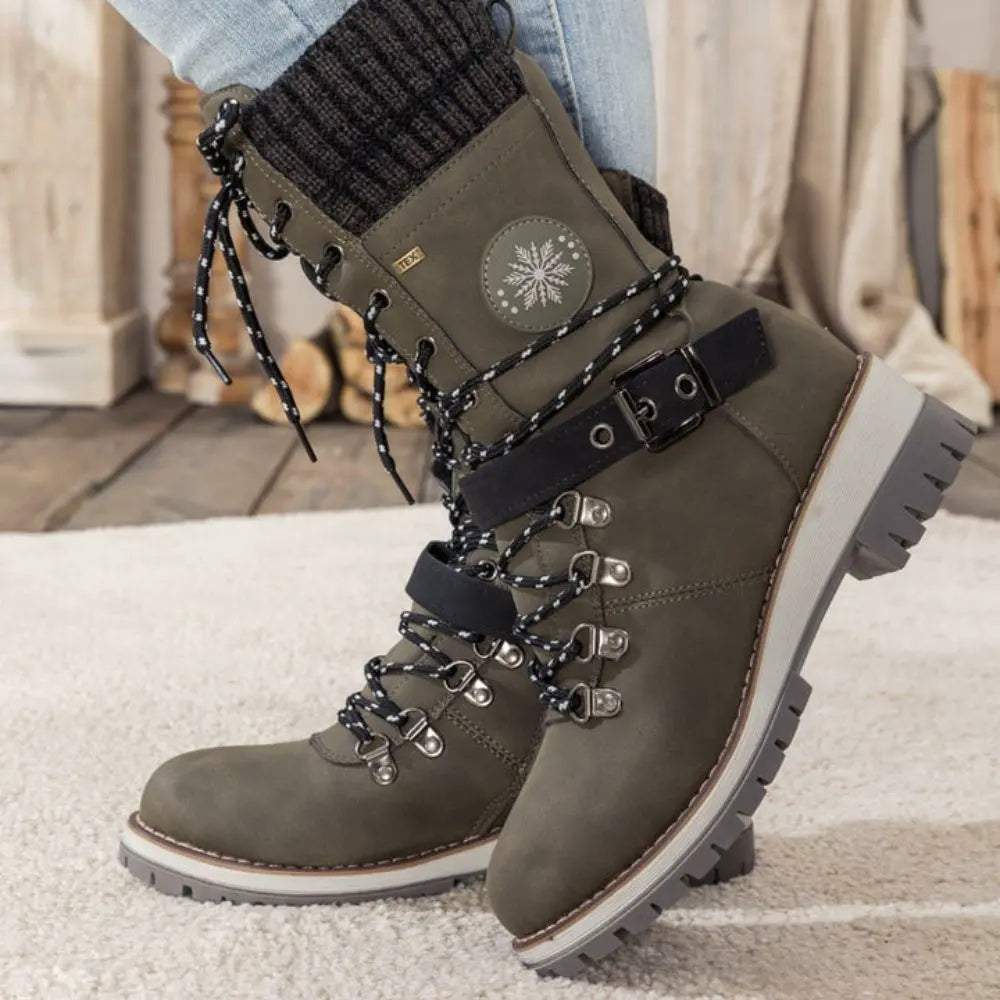 Faustine | Black Leather Winter Snow Boots Knit Cuff — Green