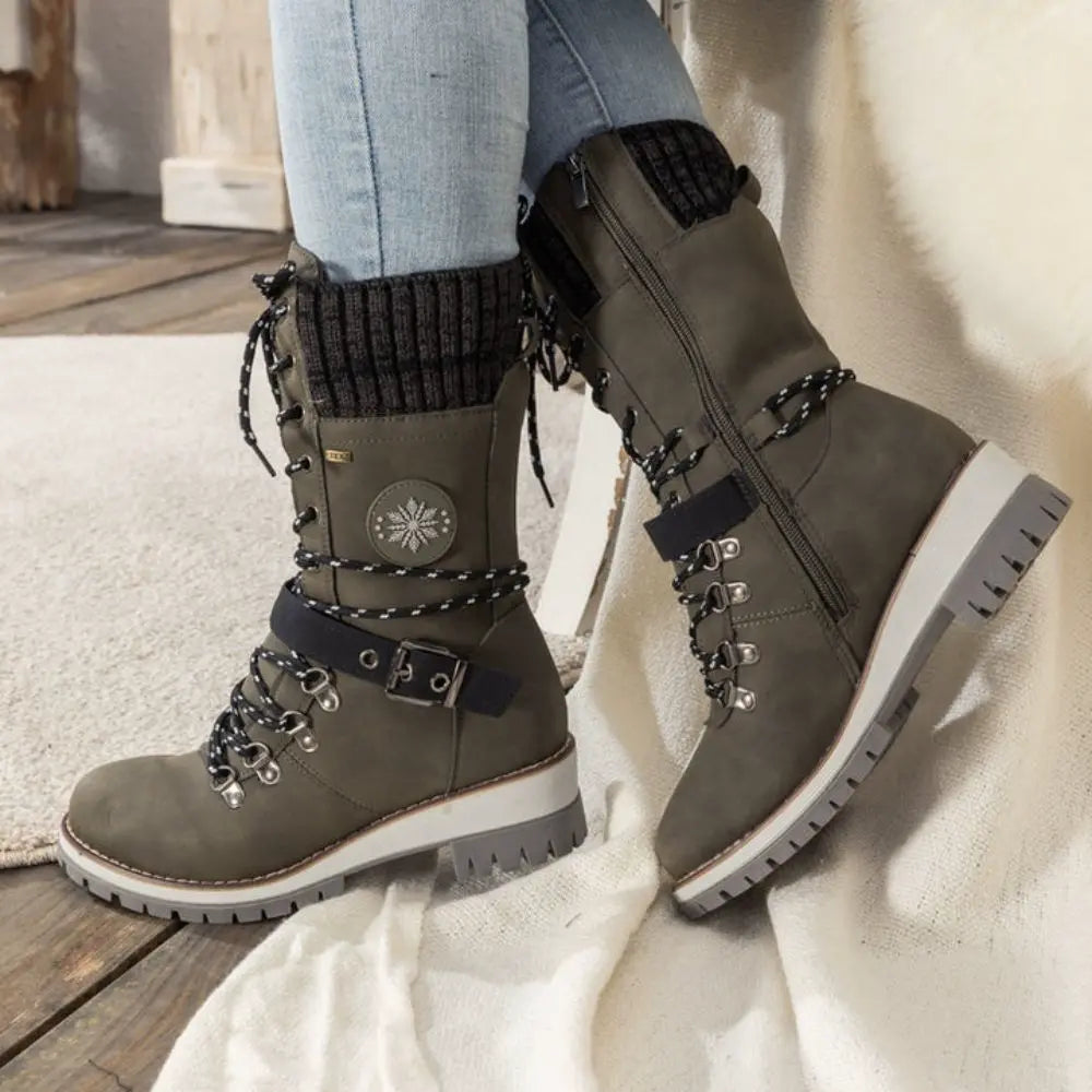 Faustine | Black Leather Winter Snow Boots Knit Cuff
