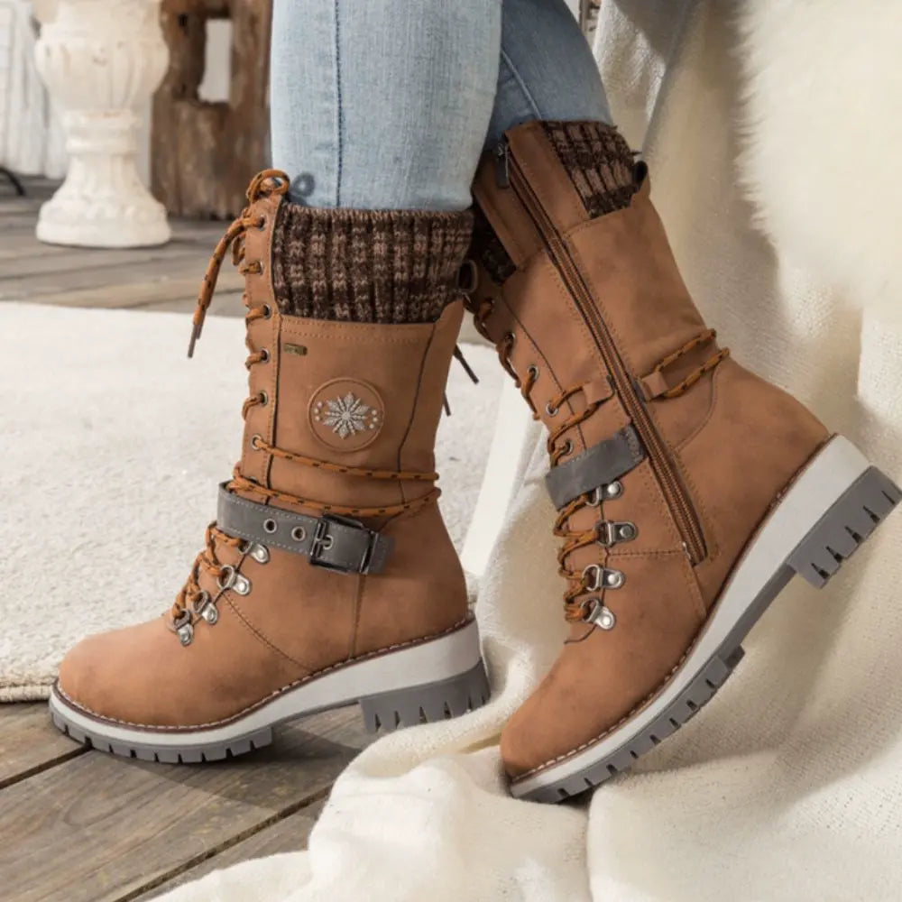 Faustine | Black Leather Winter Snow Boots Knit Cuff — Brown
