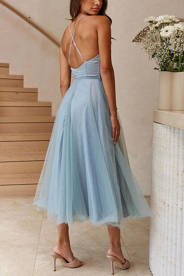 Edith | White Tulle Midi Dress With Corset Bodice