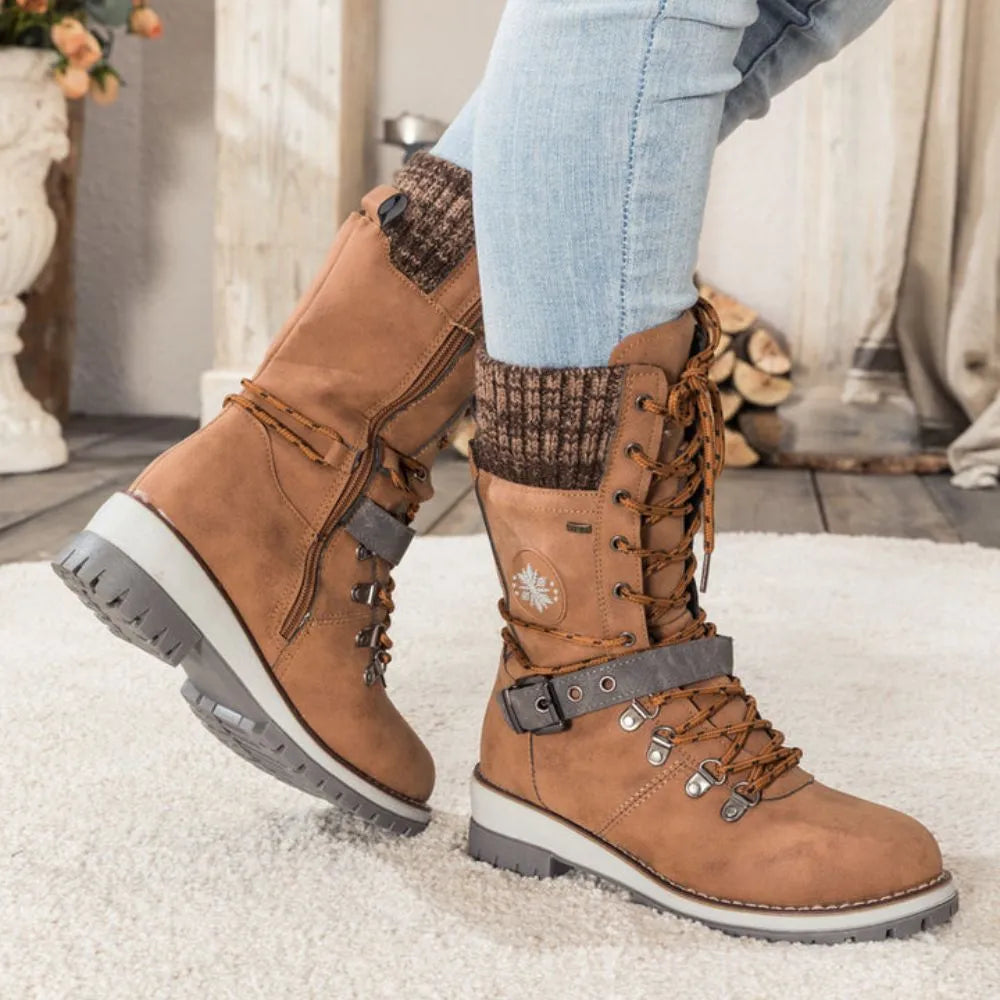 Faustine | Black Leather Winter Snow Boots Knit Cuff