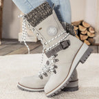 Faustine | Black Leather Winter Snow Boots Knit Cuff — Light Gray