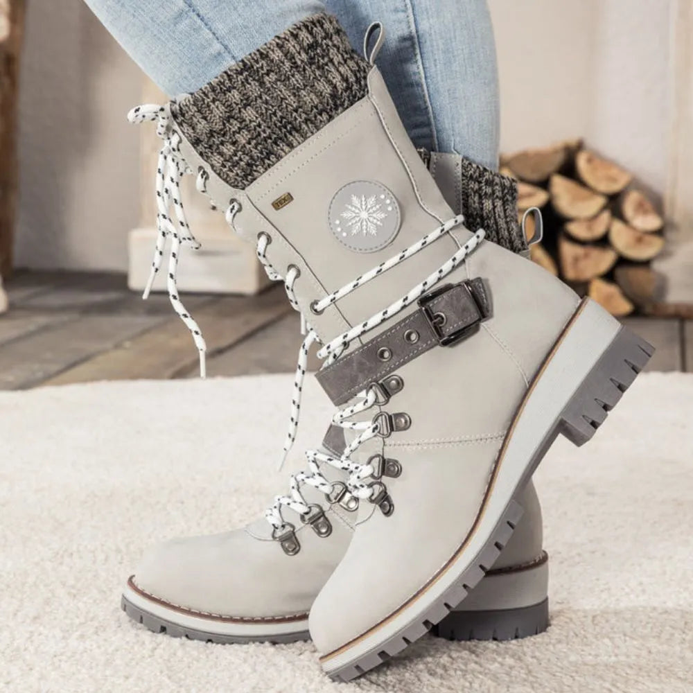 Faustine | Black Leather Winter Snow Boots Knit Cuff — Light Gray