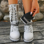 Faustine | Black Leather Winter Snow Boots Knit Cuff