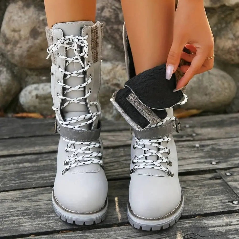 Faustine | Black Leather Winter Snow Boots Knit Cuff