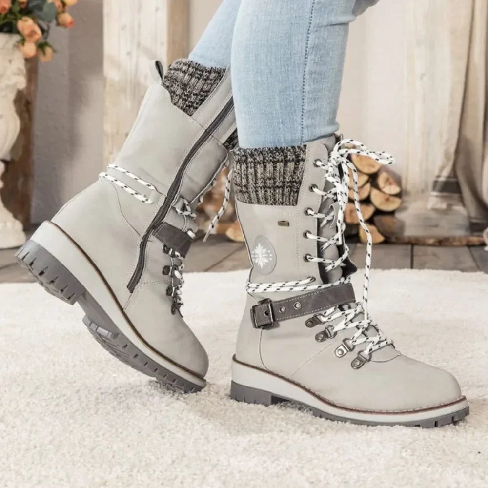 Faustine | Black Leather Winter Snow Boots Knit Cuff
