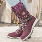 Faustine | Black Leather Winter Snow Boots Knit Cuff — Purple